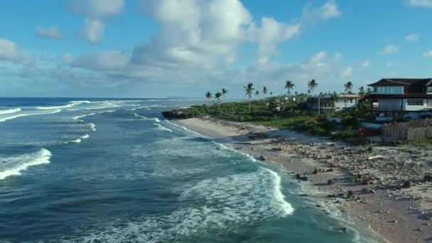 Foto Aérea Dolly Sobre Playa Natural Virgen Con Olas Surfistas — Vídeos de Stock