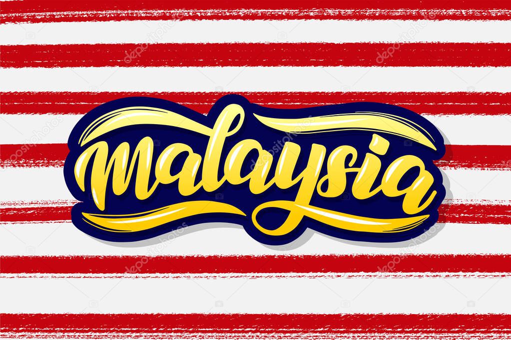Calligraphic lettering logo for Malaysia. Independence Day in Malaysia vector card. Stylized National Malaysian flag concept. Vector EPS 10