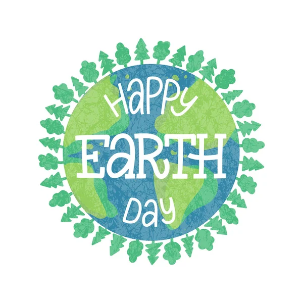 Happy Earth Day Handgezeichneter Schriftzug Auf Grünem Erdgrund Mit Bäumen — Stockvektor