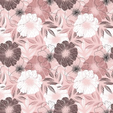 Kusursuz vektör çiçek deseni. Çiçekler ve dallarla klasik stil dekoratif vintage desen. Gülün kalça çiçekli, tozlu gül desenli monoton. Vektör illüstrasyonu 10