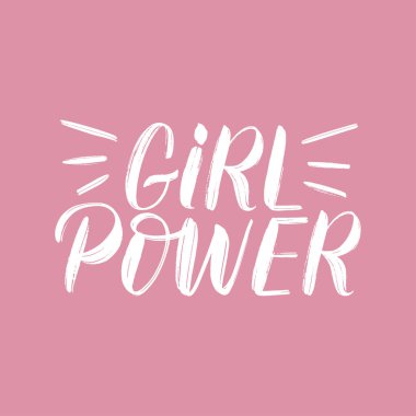 Kız güç tipografisi posteri. Pembe arka planda kız güç fırçası harfleri var. Kadınların güçlendirme konsepti. Logo olarak feminizm sloganı, tişört tasarımı, baskı, çıkartma, etiket. Vektör 10