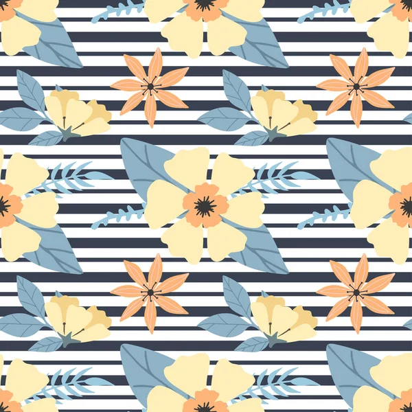 Motivo floreale senza cuciture con fiori hawaiani luminosi su strisce nere. Stampa fiori gialli per tessuti, vestiti, abbigliamento. Illustrazione vettoriale EPS 10 — Vettoriale Stock