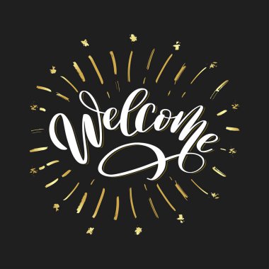 Altın havai fişekli mektup tabelasına hoş geldiniz. Web ve mobil için, sanat şablonu, retro elementler, logolar, kimlik, etiketler, rozetler, mürekkep, etiket, eski kart. Festivalin arka planındaki logoya hoşgeldiniz