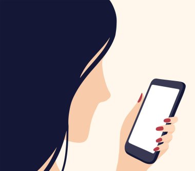 Cep telefonuna bakan bir kadın. Akıllı telefonun boş ekranına bakan kız profilinin modern minimalist düz çizimi. Akıllı telefon ve sosyal medya bağımlılık vektörü kavramı 10 puan