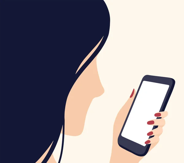 Mujer Mirando Teléfono Móvil Moderna Ilustración Plana Minimalista Chica Perfil — Vector de stock