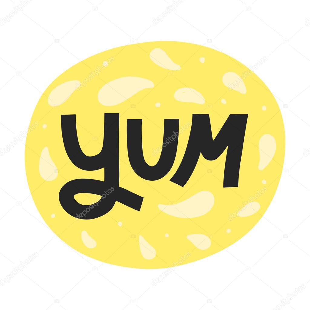 Yum typography lettering on colorful background. Tasty and yummy food label. Yum modern lettering inscription for labels. cards, logo. stickers, prints, marketing. Vector EPS 10