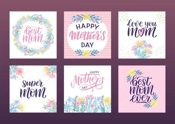 Set Happy Mothers Day Lettering Greeting Cards Mothers Day Cute — Stock Vector