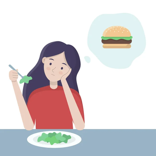 Mujer comiendo ensalada en la mesa y pensando en comida rápida. Concepto de vector alimenticio saludable y poco saludable. Restricción dieta vector ilustración . — Archivo Imágenes Vectoriales