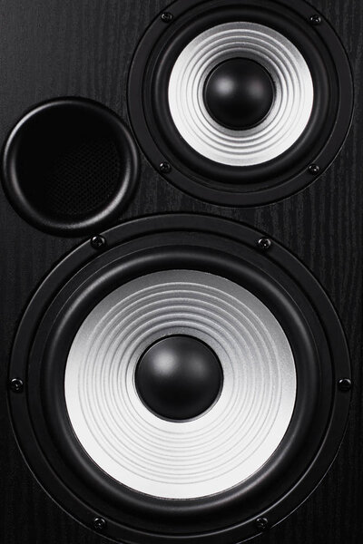 Photo of black music audio speaker. Close-up