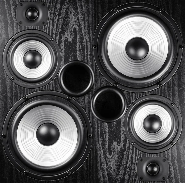 Photo of black music audio speaker. Close-up.