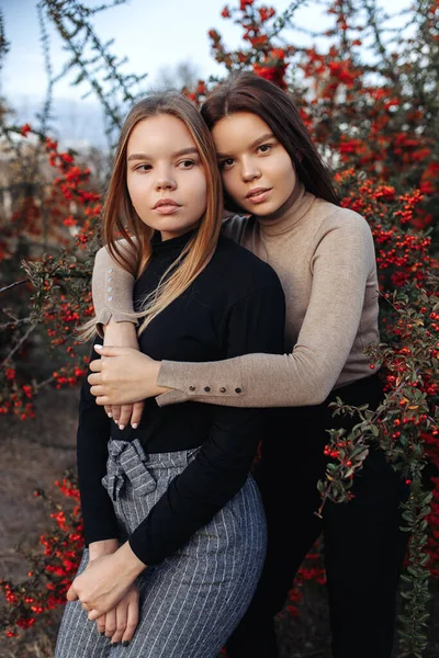 Romantische twee jonge tweelingzussen met serieuze casual outfit in het herfstpark. Kijkcamera. — Stockfoto