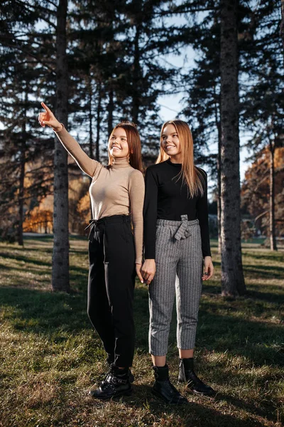 Charming two young twin sisters in casual outfit with bright smile posing at the park. — Stok fotoğraf