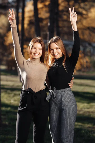 Happy two young twin sisters in casual outfit with bright smile showing peace gesture at the park — Stok fotoğraf