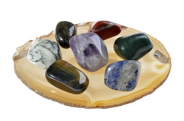 Group of semi precious stones,on agate on a plate — Stock Photo, Image