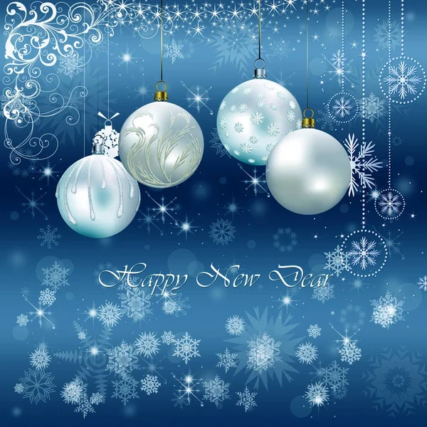 Weihnachten Schneeflocke Und Dekoration Hintergrund Mit Frohen Weihnachten Blauen Kugeln — Stockfoto
