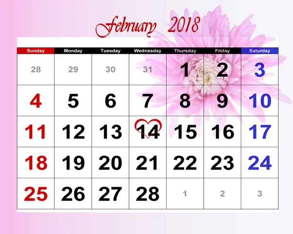 Calendario Mensual Febrero 2018 Celebrado San Valentín — Foto de Stock