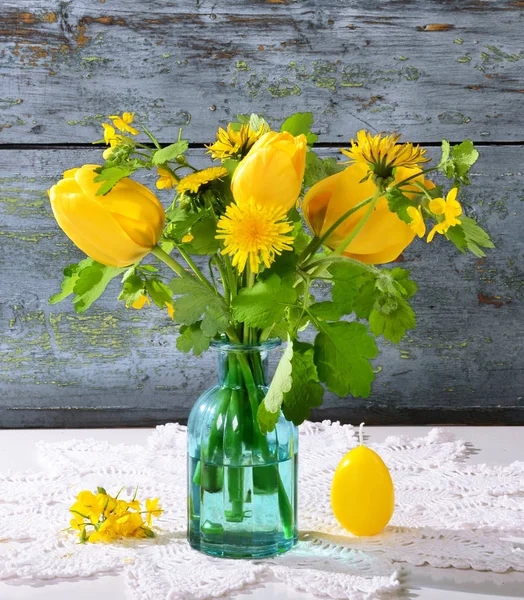 Yellow Tulips Glass Vase Candle Blue Wooden Background — Stock Photo, Image