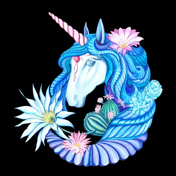 Aquarel Unicorn Zwarte Achtergrond — Stockfoto