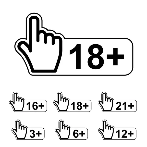 Aviso límite de edad advertencia mano gesto símbolo — Vector de stock