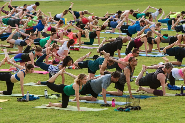 La gente estira la pierna derecha al unísono en la clase de yoga al aire libre —  Fotos de Stock