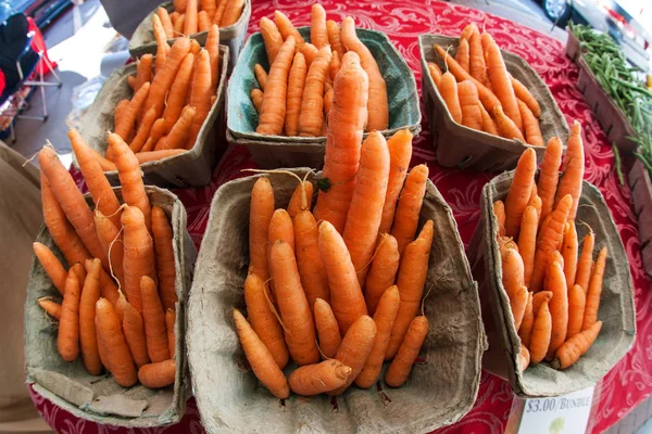 Containere de morcovi stau la vânzare pe piața agricolă locală — Fotografie, imagine de stoc