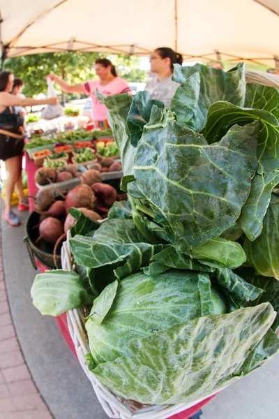 Čerstvá zelenina se prodávají podle dodavatele na místní zemědělce, na trhu — Stock fotografie