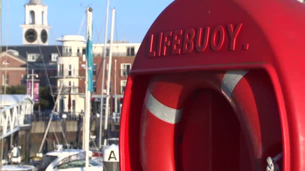 Lifebuoy next to a harbour — Stock Video