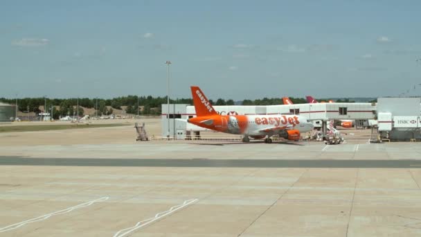 Easyjet-Flugzeug auf einem Flughafen-Terminal — Stockvideo
