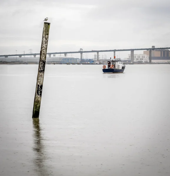 Post met een zeemeeuw op het en een kleine boot — Stockfoto