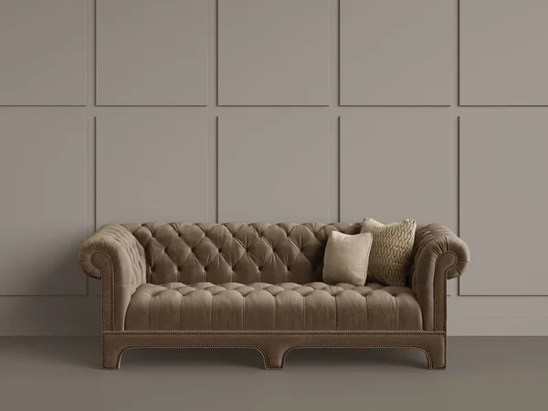 Classic Tufted Sofa Empty Room Grey Walls Digital Illustration Rendering — Stock Photo, Image