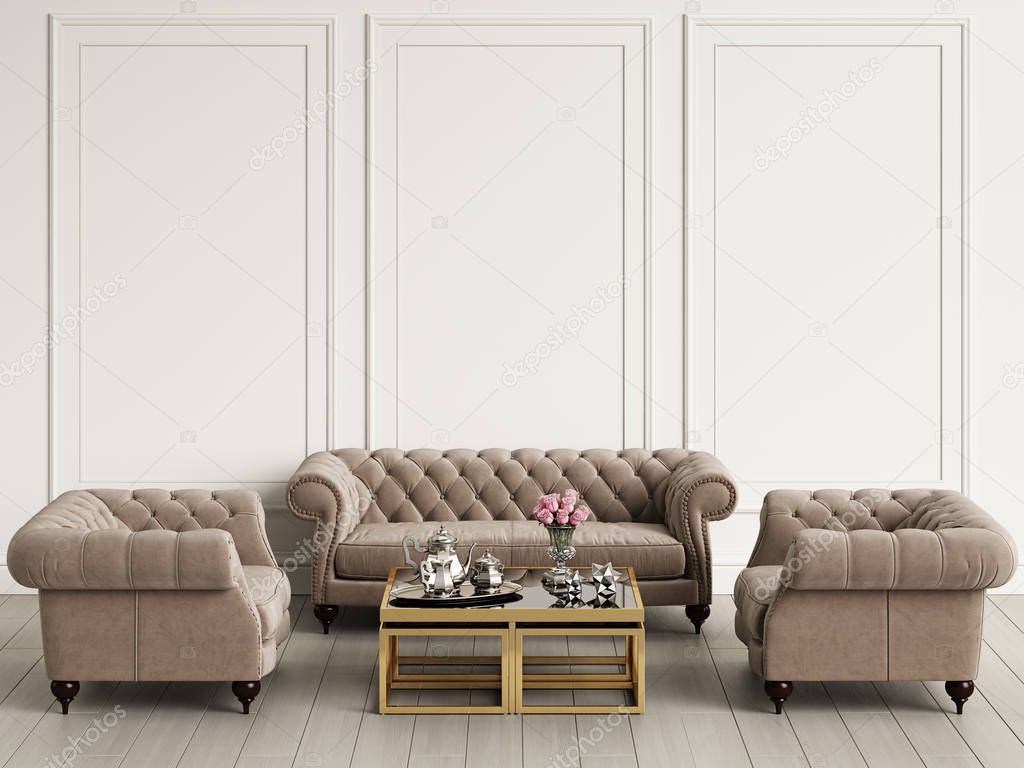 Classic interior in pastel colors. Sofa,armchairs,table with decor.Walls with mouldings..Mockup,copy space.Digital ilustration.3d rendering 