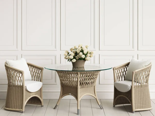 Zahradní Nábytek Klasickém Interiéru Ratanové Židle Stůl Váza Růžemi Digitální — Stock fotografie