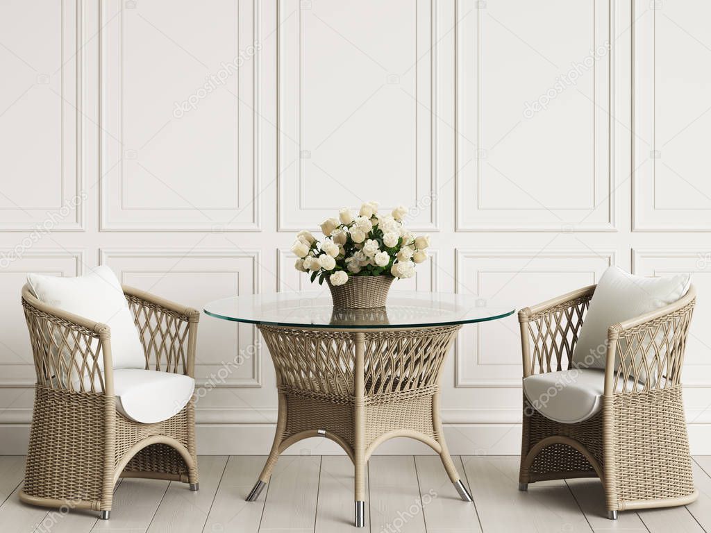 Garden furniture in classic interior.Rattan chairs,table,vase with roses.Digital illustration.3d rendering