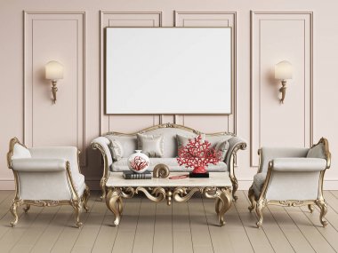 Kopya alanı klasik iç tasarımı. Mockup. Dijital Illustration.3d işleme