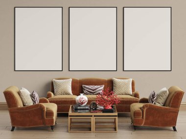 Kopya alanı klasik iç tasarımı. Mockup. Dijital Illustration.3d işleme