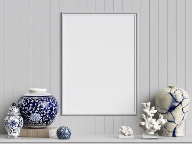 İç dekor mockup Çin zencefil kavanoz ve mercan ile. Dijital illustration.3d işleme