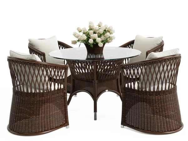Buket çiçek izole ve hasır sandalyeleri beyaz zemin üzerine Bahçe rattan masa. Dijital illustration.3d işleme