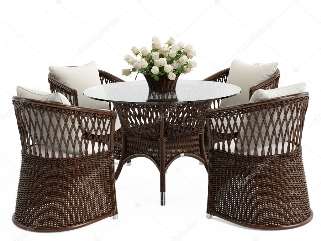 Garden rattan table with bouquet of flowers isolated and wicker chairs on white background.Digital illustration.3d rendering