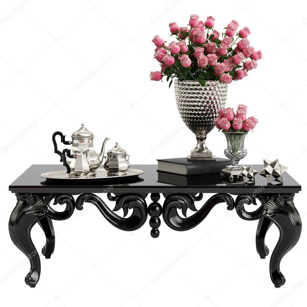 Classic carved table with bouquet of roses and silver coffee set isolated on white background.Digital Illustration.3d rendering