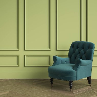 Klasik sorguçlu koltuk zümrüt rengi ayakta klasik iç. Kalıplar ile yeşil duvarlar, Zemin parke meşe balıksırtı. Dijital illustration.3d işleme