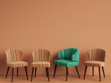 Sandalye withcolorful çizgili desen kopya alanı ile portakal backgrond. Minimalizm kavramı. Dijital illustration.3d alay etmek yukarıya işleme