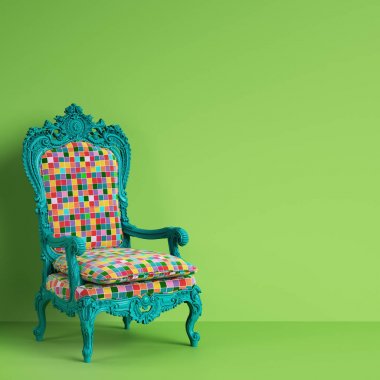 Kopya alanı ile yeşil arka plan üzerinde renkli pop sanat tarzı klasik Barok koltukta. En az kavramı. Dijital Illustration.3d mockup işleme