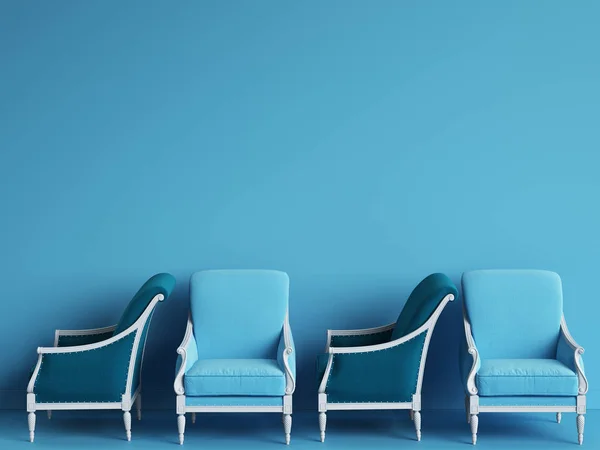 Сині Класичні Стільці Стоять Порожній Синій Кімнаті Концепція Мінімалізму Візуалізація — стокове фото
