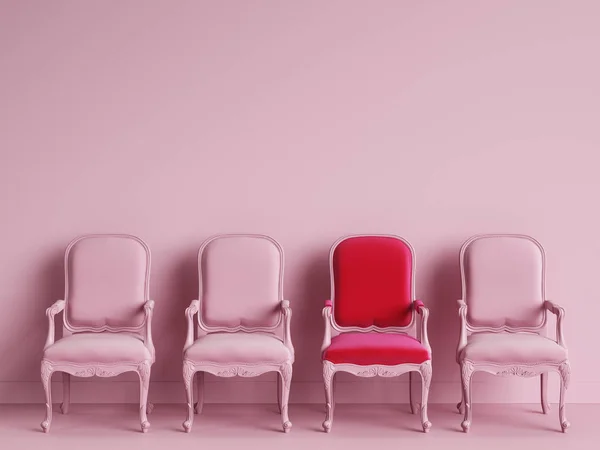 Fauteuil Rouge Parmi Des Chaises Roses Sur Fond Rose Concept — Photo