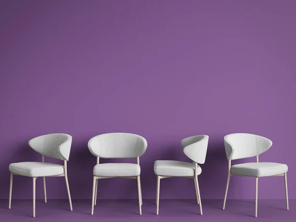 White chairs are standing in an empty violet room. Concept of minimalism. 3d rendering mock up