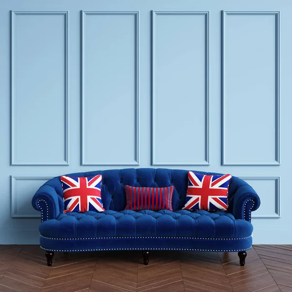 Classic blue sofa,pillows with british flag pattern standing in classic interior.Blue walls with mouldings,floor parquet herringbone. Digital illustration.3d rendering