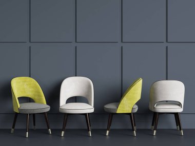 mavi arka plan üzerinde 4 sandalye alanı kopyalayın. Dijital illustration.3d işleme