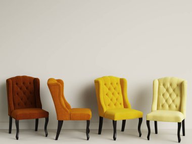 4 sandalye ile kopya alanı odada. İç mockup. Dijital illüstrasyon. 3D render