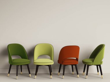 4 sandalye ile kopya alanı odada. İç mockup. Dijital illüstrasyon. 3D render