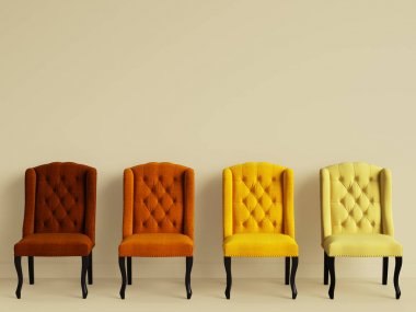 4 sandalye ile kopya alanı sarı odada farklı renklerde. İç mockup. Dijital illüstrasyon. 3D render